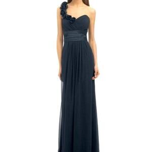 Bill Levkoff Navy One Shoulder‎ Gown 8 Floral Strap Formal Wedding